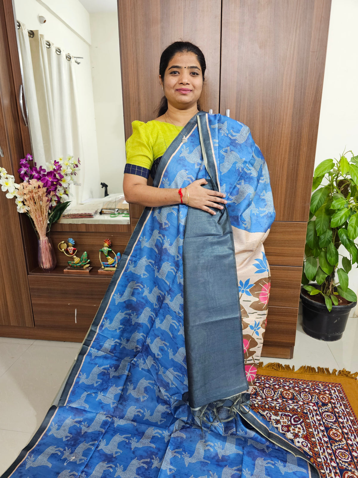 Semi Tussar with Striped Zari Weaving Saree - Blue with Dark Grey