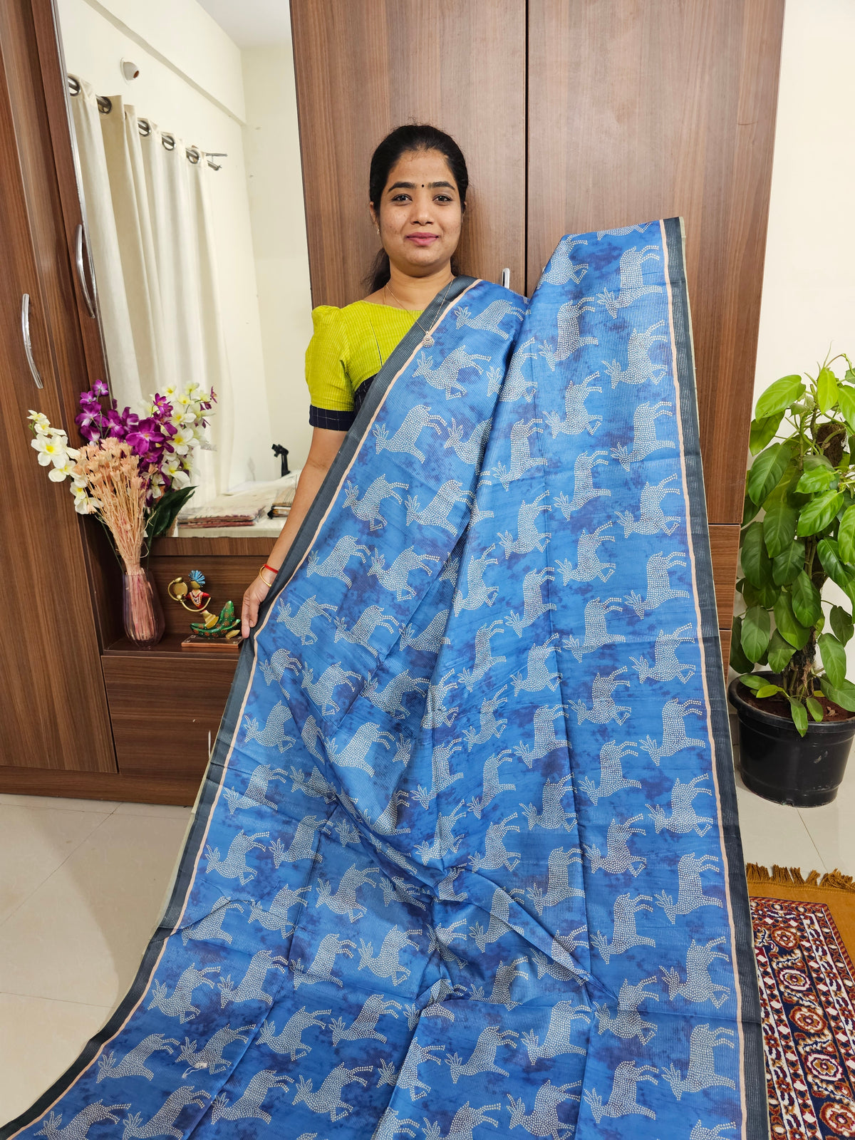 Semi Tussar with Striped Zari Weaving Saree - Blue with Dark Grey