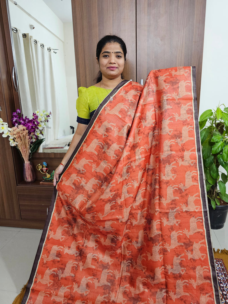 Semi Tussar with Striped Zari Weaving Saree - Orange with Brown