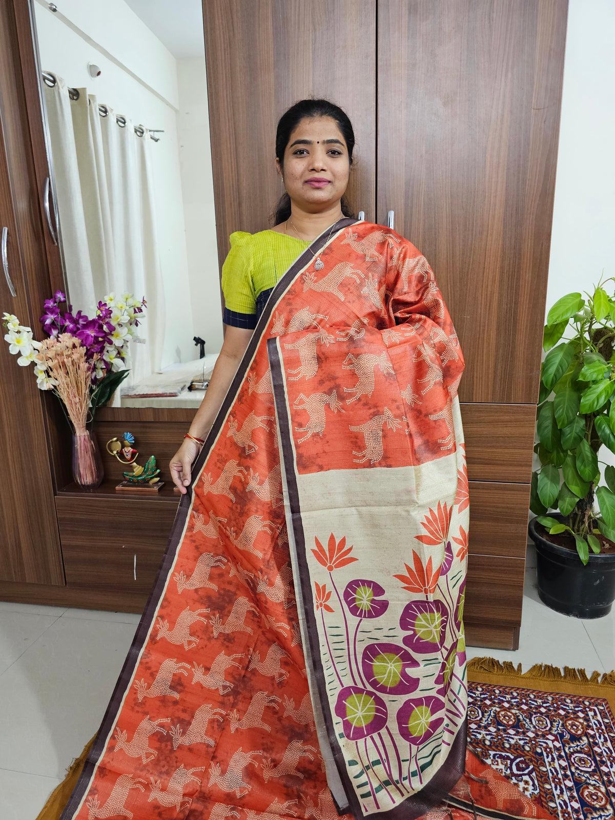 Semi Tussar with Striped Zari Weaving Saree - Orange with Brown