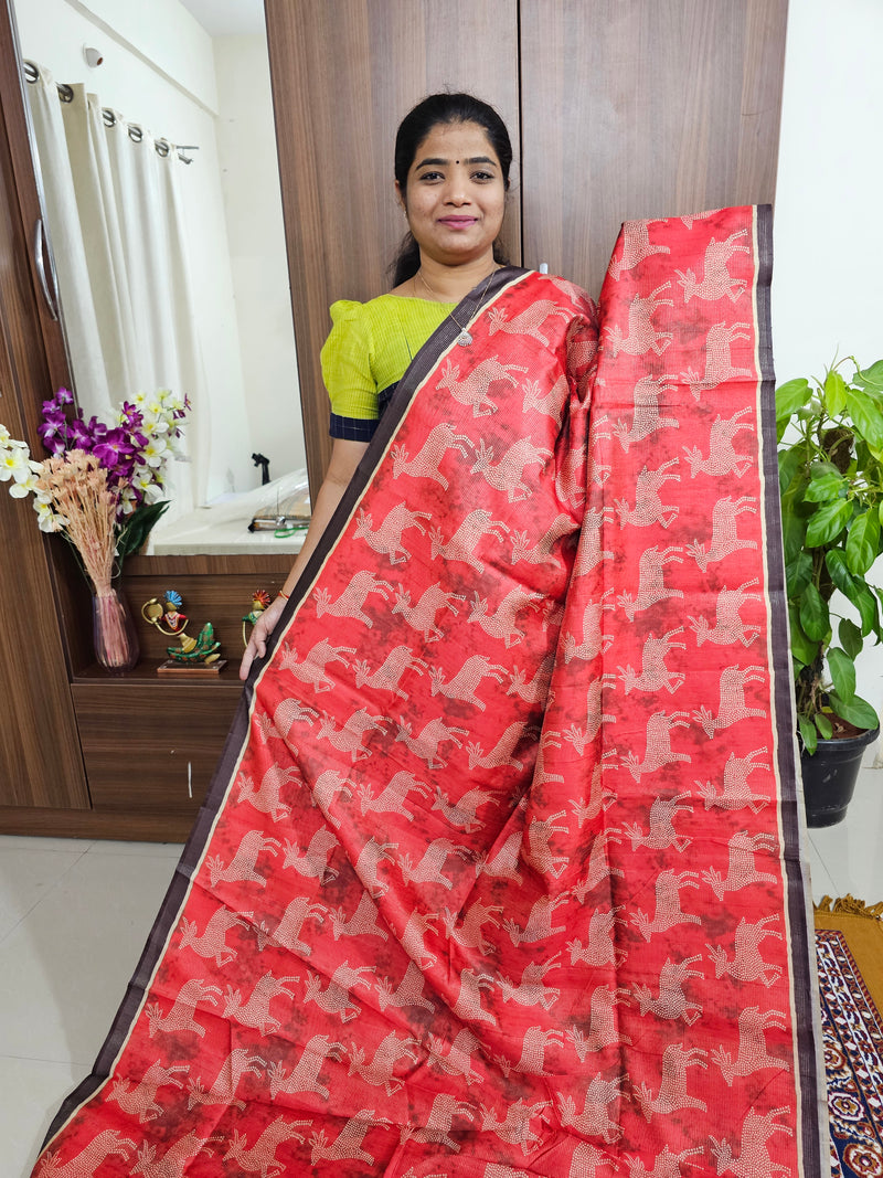 Semi Tussar with Striped Zari Weaving Saree - Red with Brown