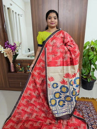 Semi Tussar with Striped Zari Weaving Saree - Red with Brown