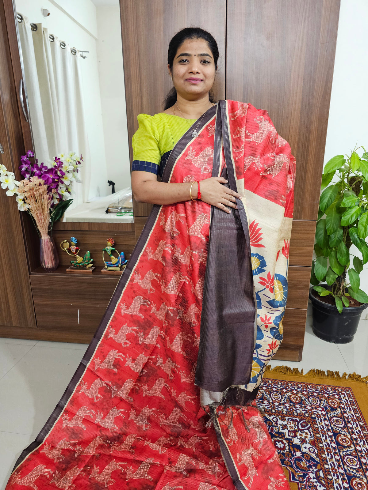 Semi Tussar with Striped Zari Weaving Saree - Red with Brown