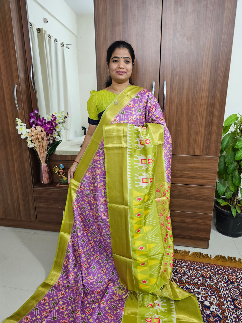 Pochampally Art Silk Saree - Lavender with Lime Green