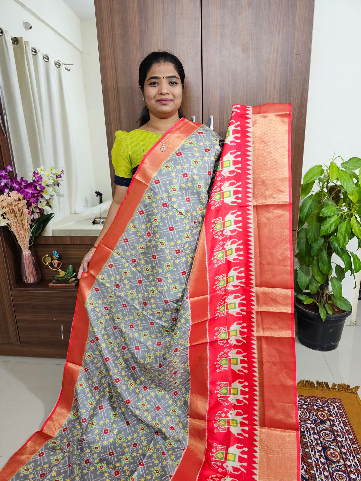 Pochampally Art Silk Saree - Grey with Peach