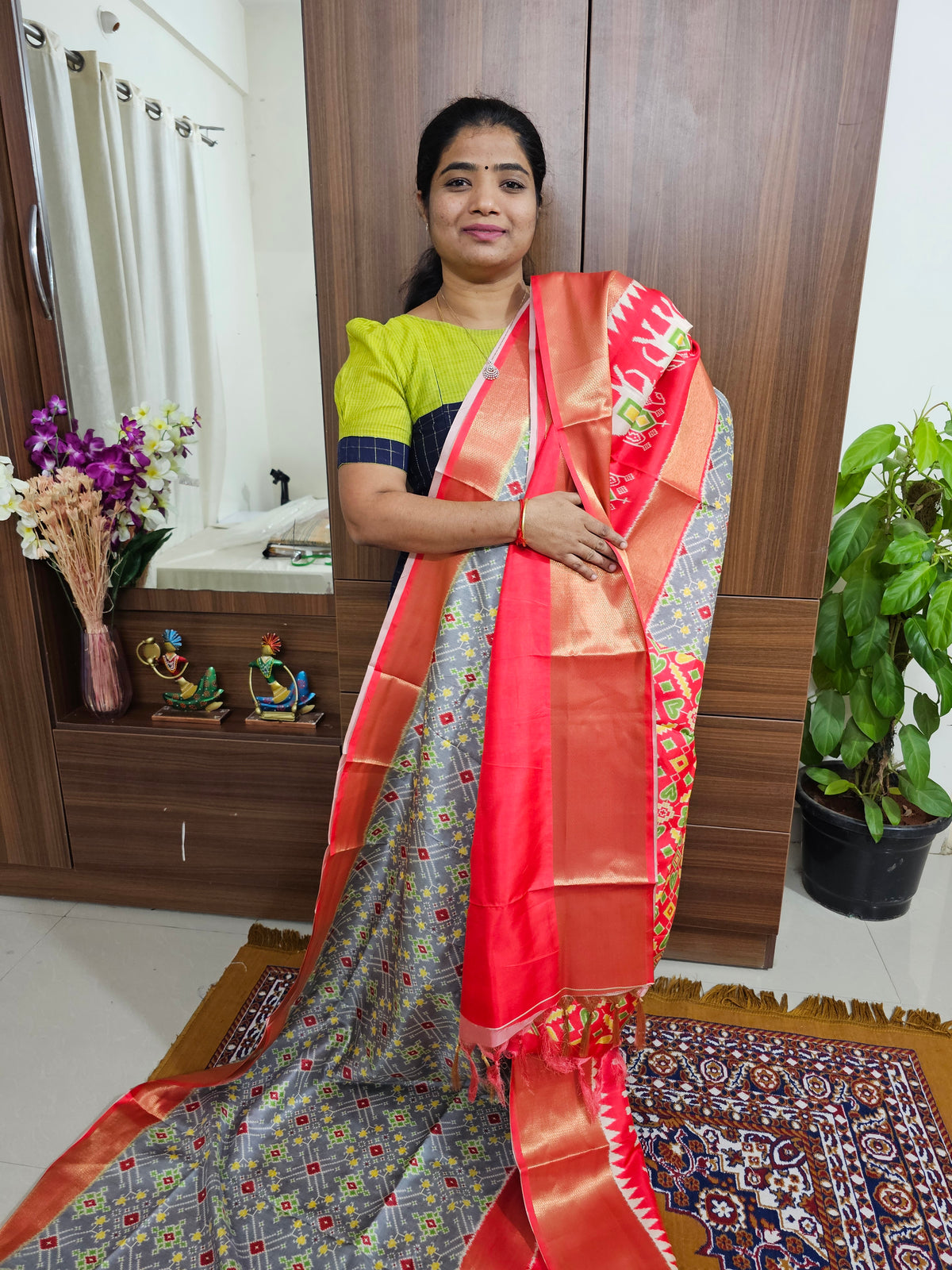 Pochampally Art Silk Saree - Grey with Peach