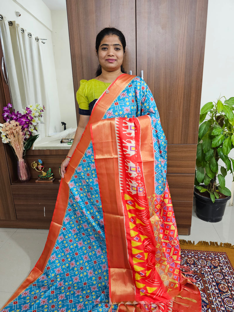 Pochampally Art Silk Saree - Blue with Orange