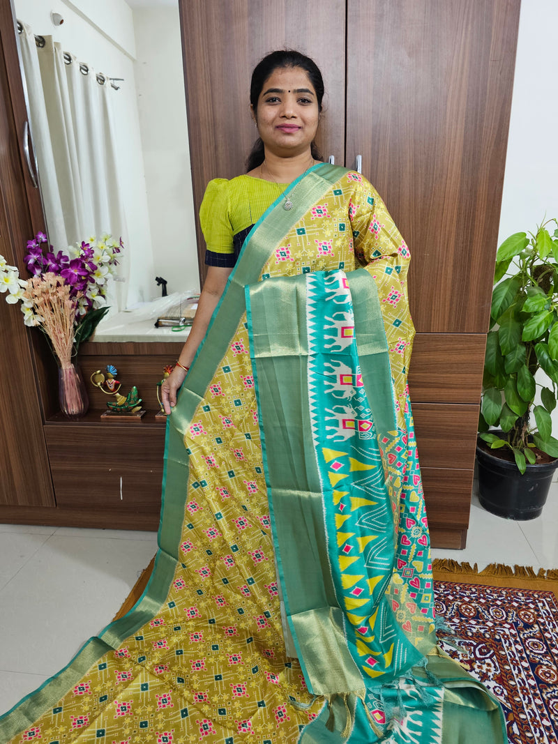 Pochampally Art Silk Saree - Lime Green with Sea Green