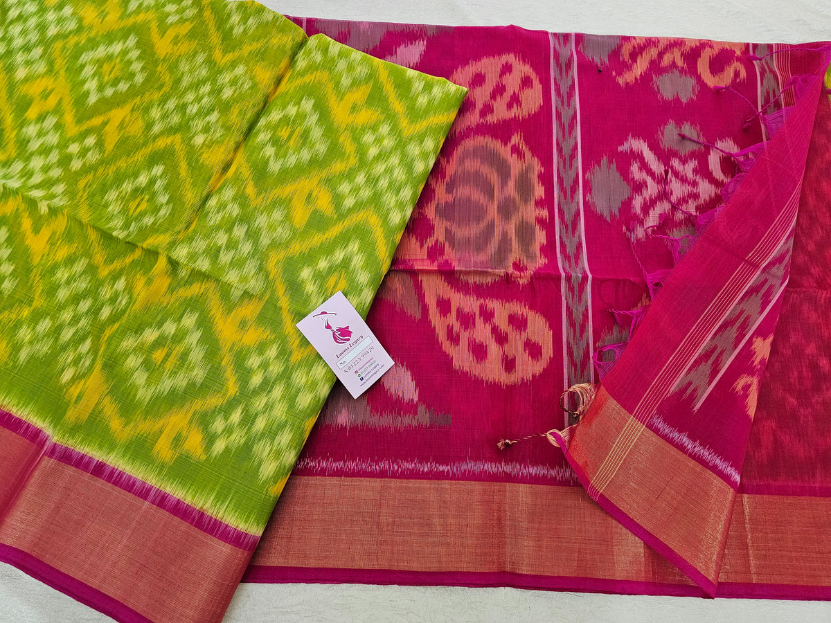 Green with Pink Pochampally Ikkat Silk Cotton (SICO Pattu)