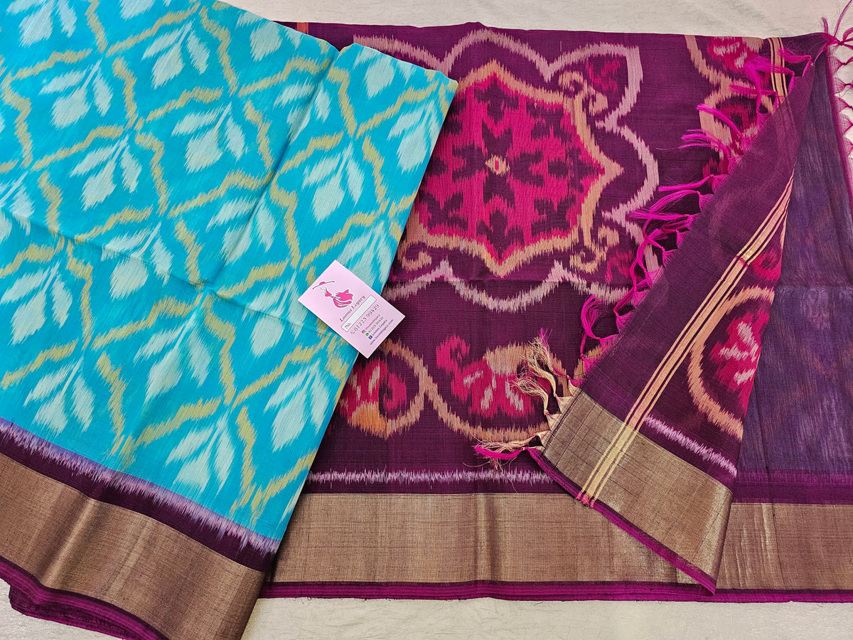 Blue with Magenta Pink Pochampally Ikkat Silk Cotton (SICO Pattu)