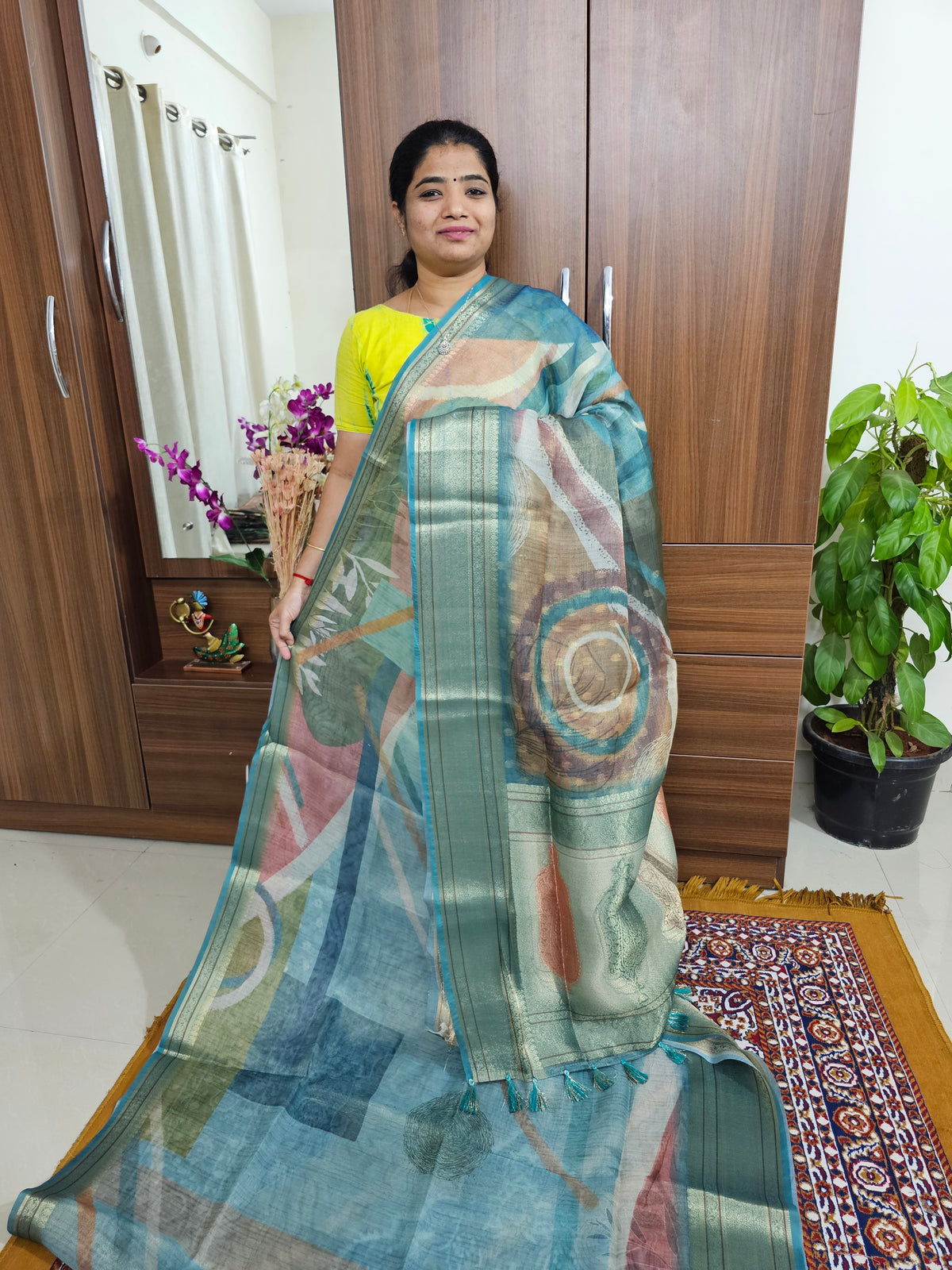 Tissue Linen Saree - Sea Blue