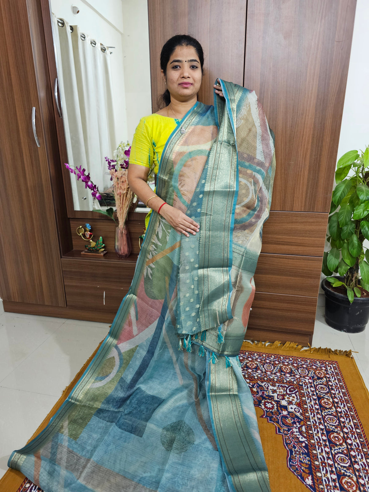 Tissue Linen Saree - Sea Blue