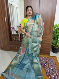 Tissue Linen Saree - Sea Blue