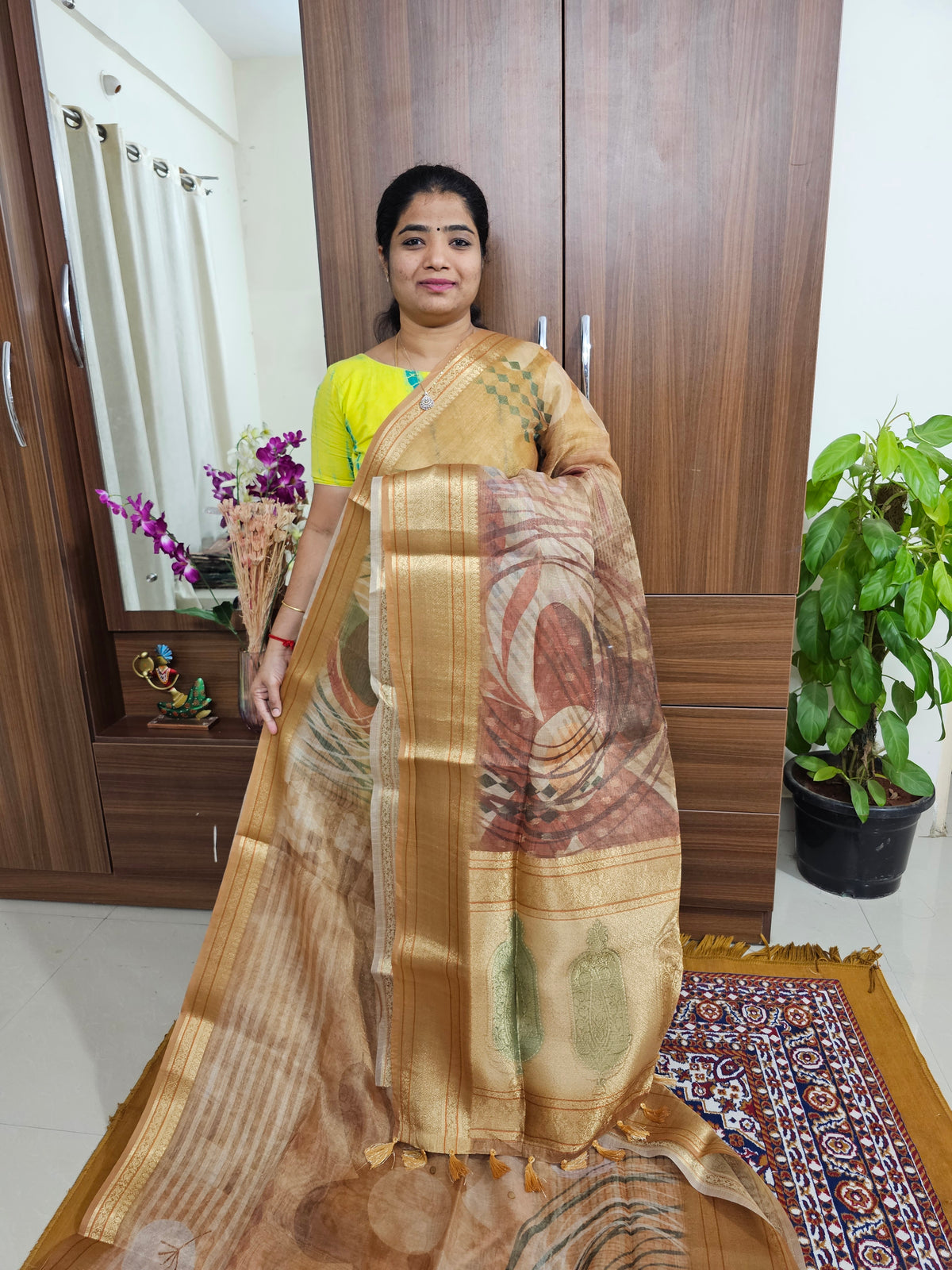 Tissue Linen Saree - Golden Yellow