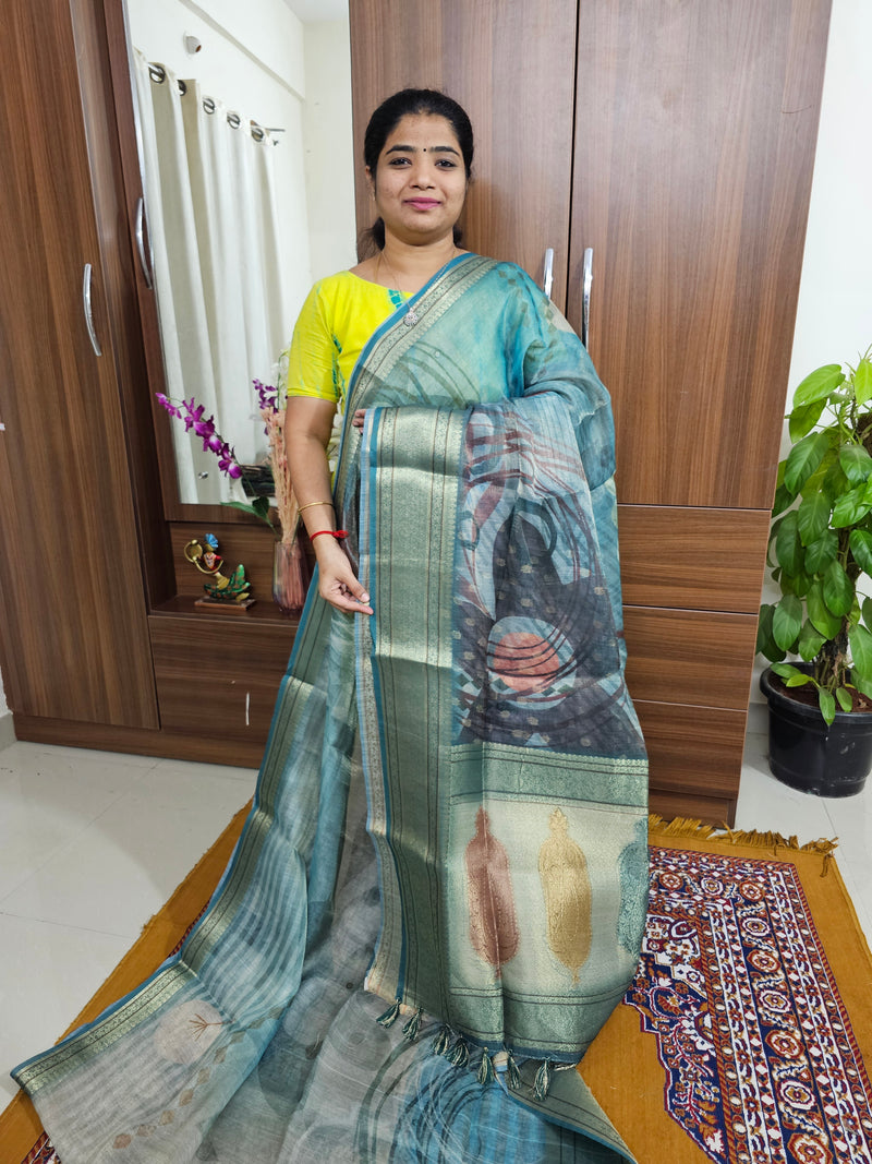 Tissue Linen Saree - Sea Green