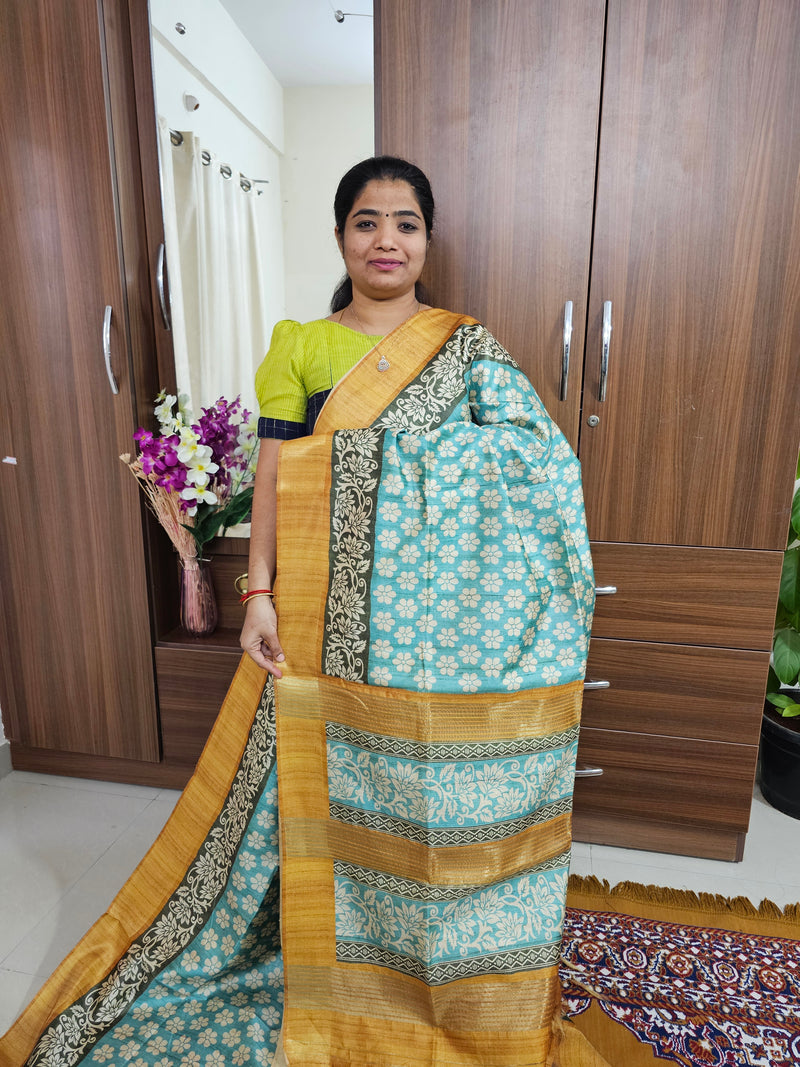 Semi Ghicha with Floral Pattern Saree - Sea Blue with Mustard Yellow