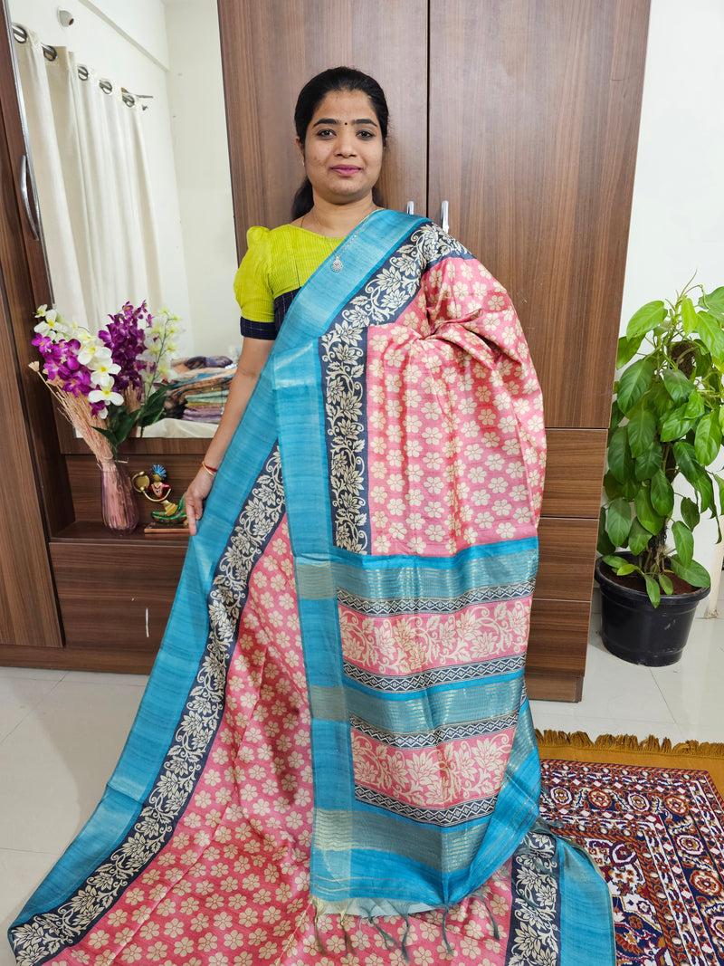 Semi Ghicha with Floral Pattern Saree - Pink with Blue