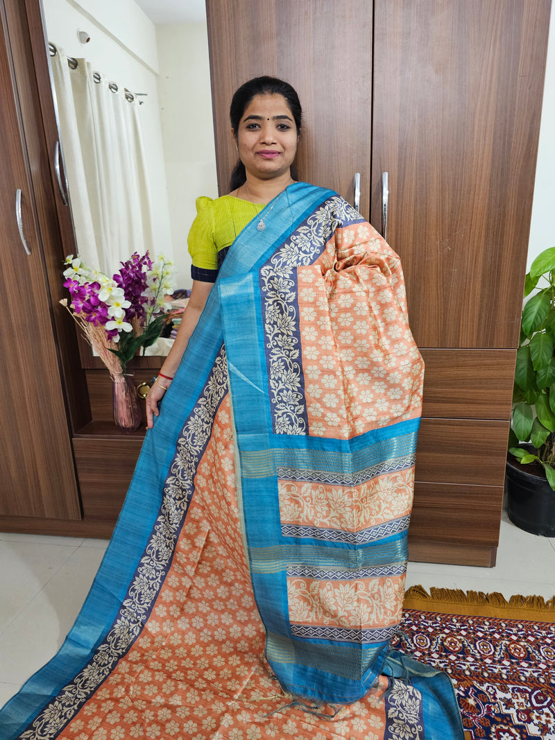 Semi Ghicha with Floral Pattern Saree - Orange with Blue