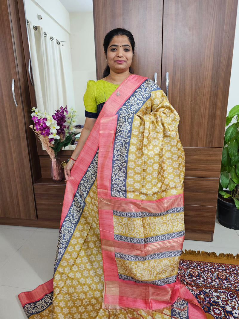 Semi Ghicha with Floral Pattern Saree - Mustard Yellow with Peach