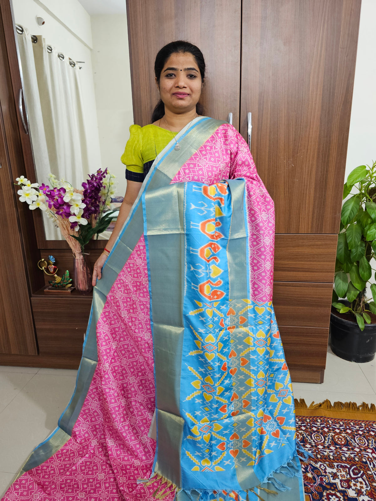 Pochampally Art Silk Saree - Pink with Blue