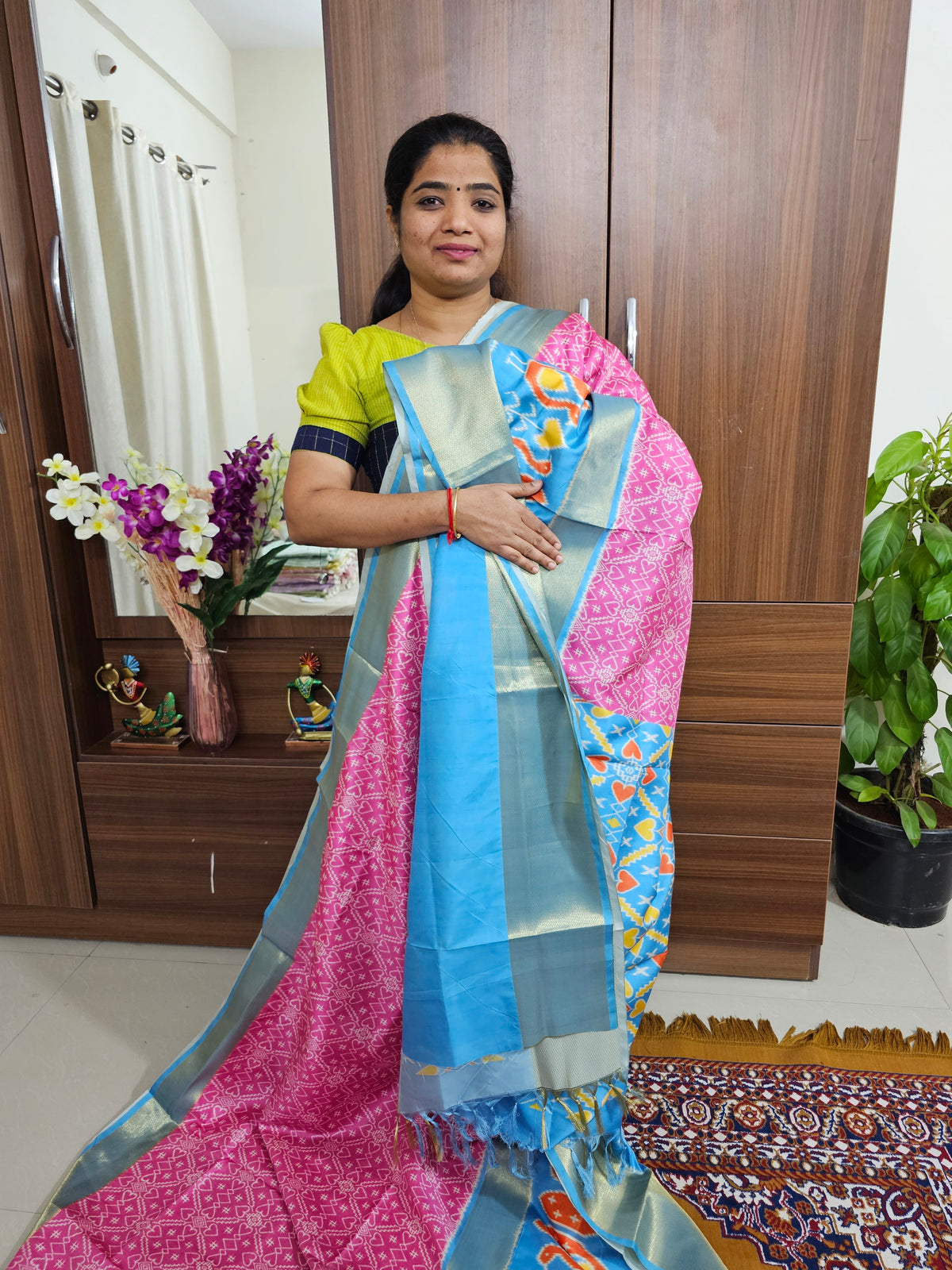 Pochampally Art Silk Saree - Pink with Blue