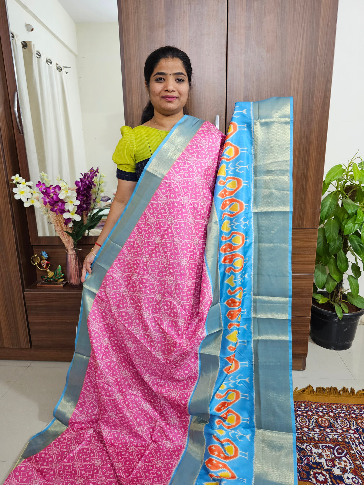 Pochampally Art Silk Saree - Pink with Blue