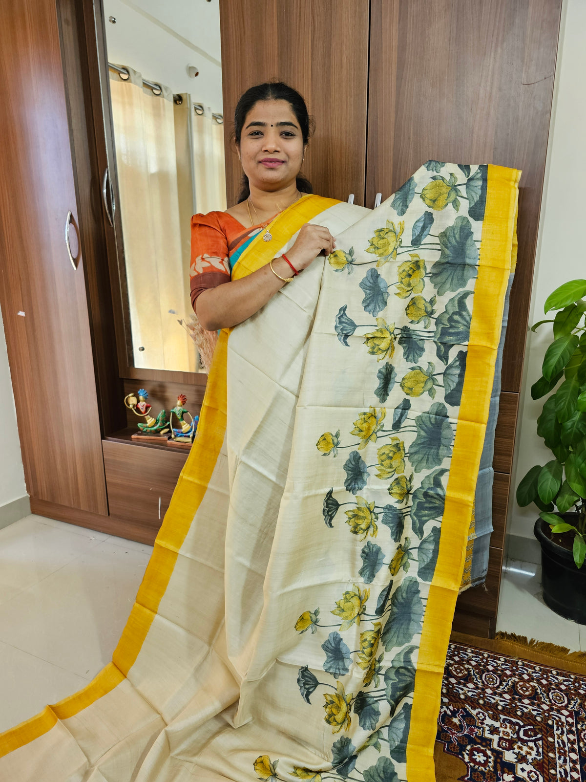 Cream with Yellow Handwoven Tussar Silk Saree