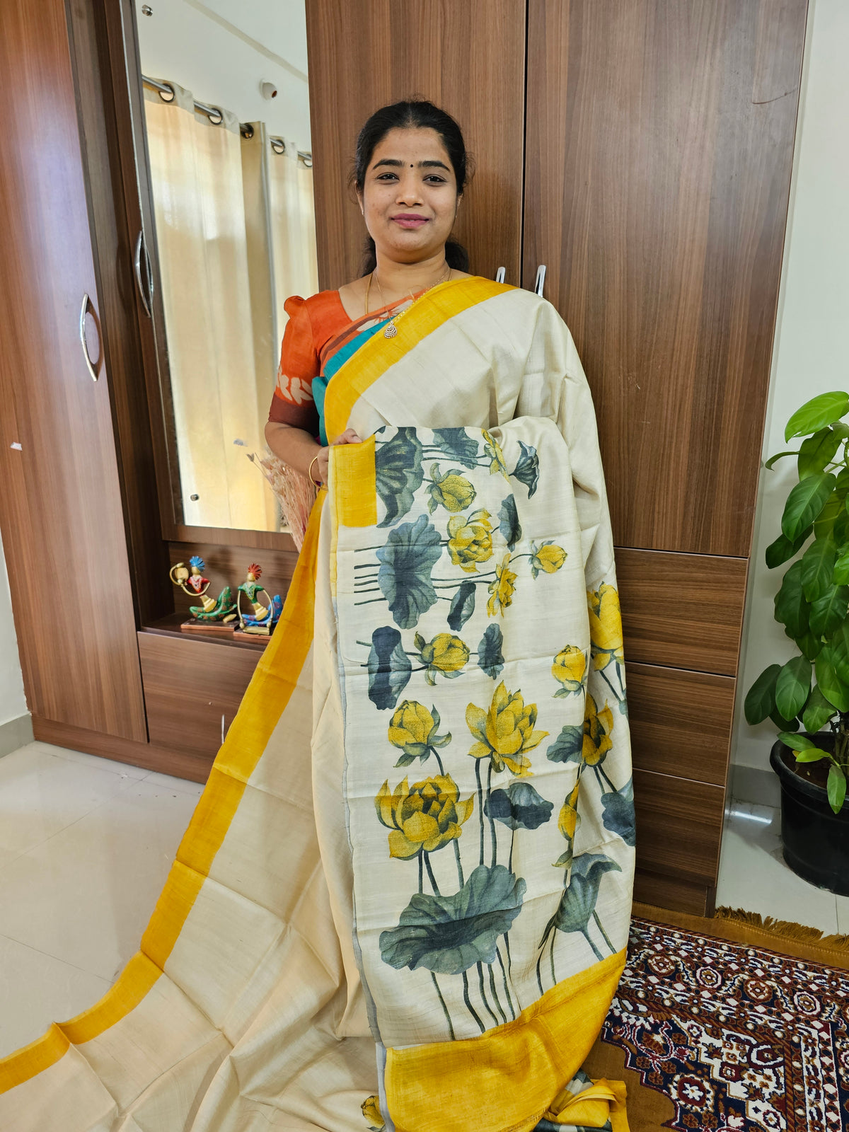 Cream with Yellow Handwoven Tussar Silk Saree