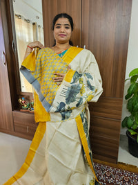 Cream with Yellow Handwoven Tussar Silk Saree