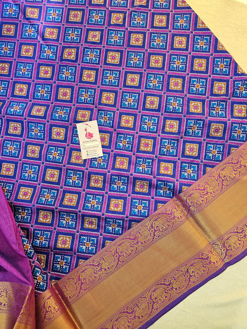 Soft Patola Sarees Kanjivaram  Pattern Long Border-  Blue with Purple