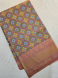 Soft Patola Sarees Kanjivaram  Pattern Long Border- Green with Onion Pink