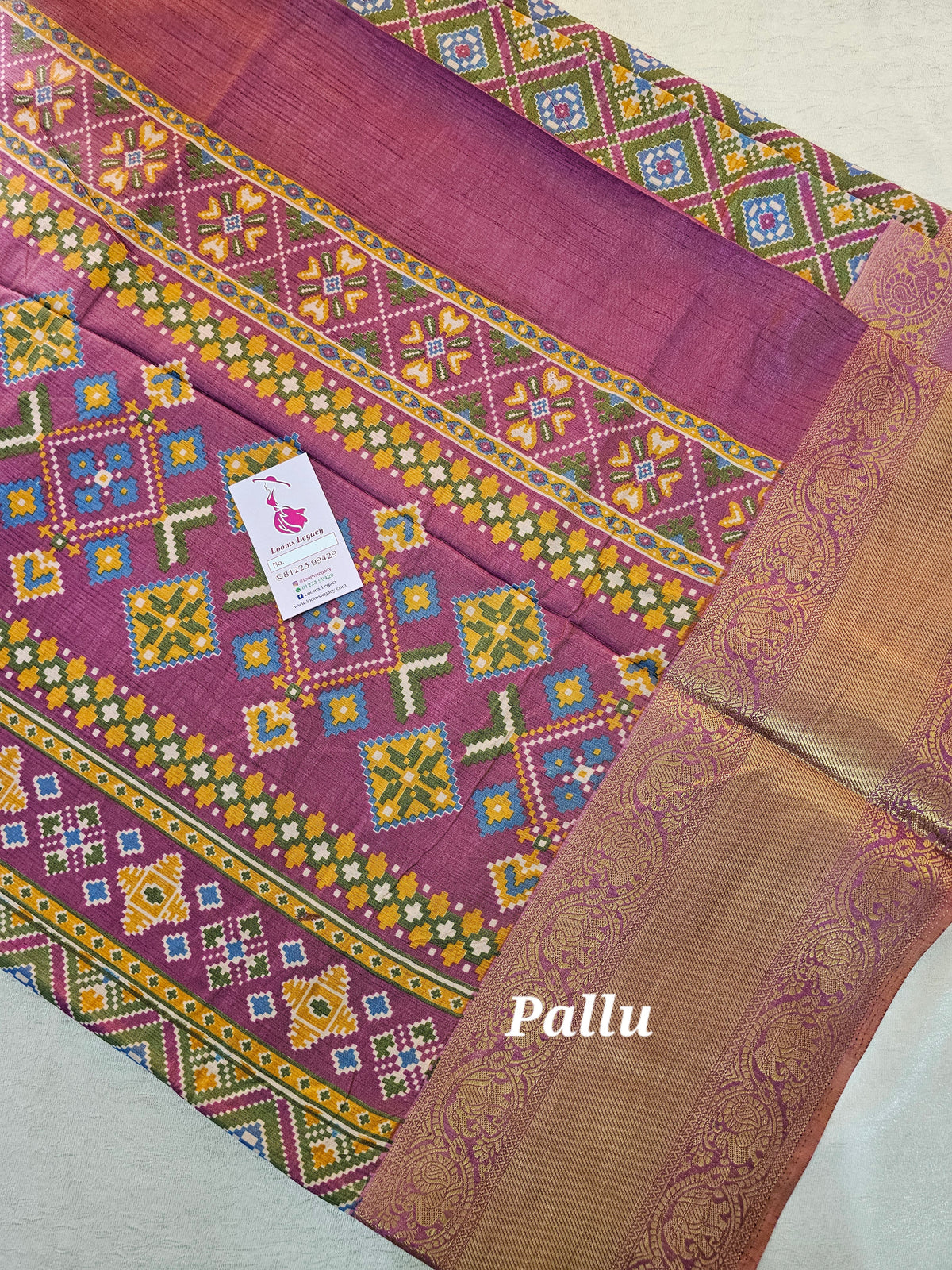 Soft Patola Sarees Kanjivaram  Pattern Long Border- Green with Onion Pink