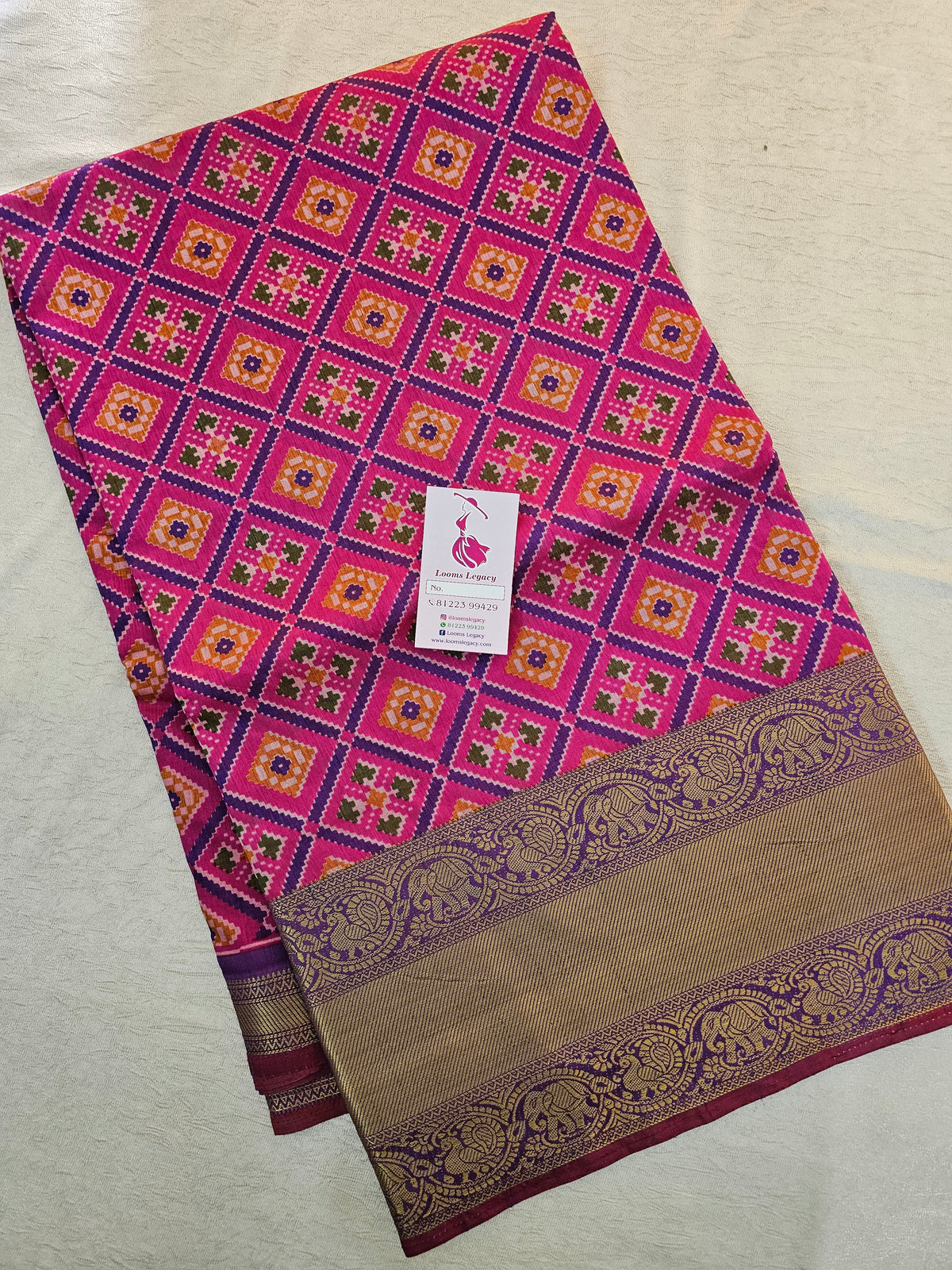 Soft Patola Sarees Kanjivaram Pattern Long Border- Pink with Purple