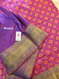 Soft Patola Sarees Kanjivaram Pattern Long Border- Pink with Purple