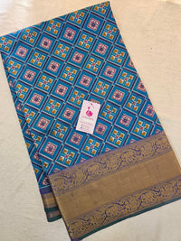 Soft Patola Sarees Kanjivaram Pattern Long Border- Blue with Violet