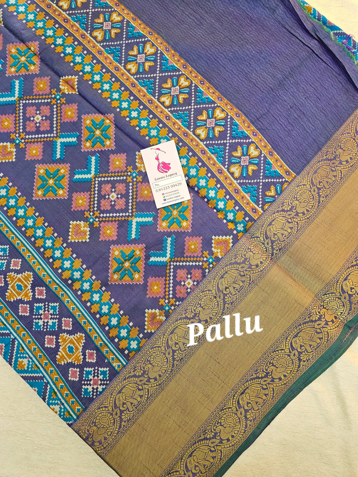 Soft Patola Sarees Kanjivaram Pattern Long Border- Blue with Violet