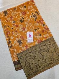 Soft Patola Sarees Kanjivaram Pattern Long Border- Yellow with Brown