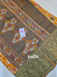 Soft Patola Sarees Kanjivaram Pattern Long Border- Yellow with Brown