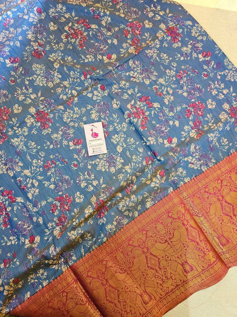 Soft Patola Sarees Kanjivaram Pattern Long Border- Blue with Pink