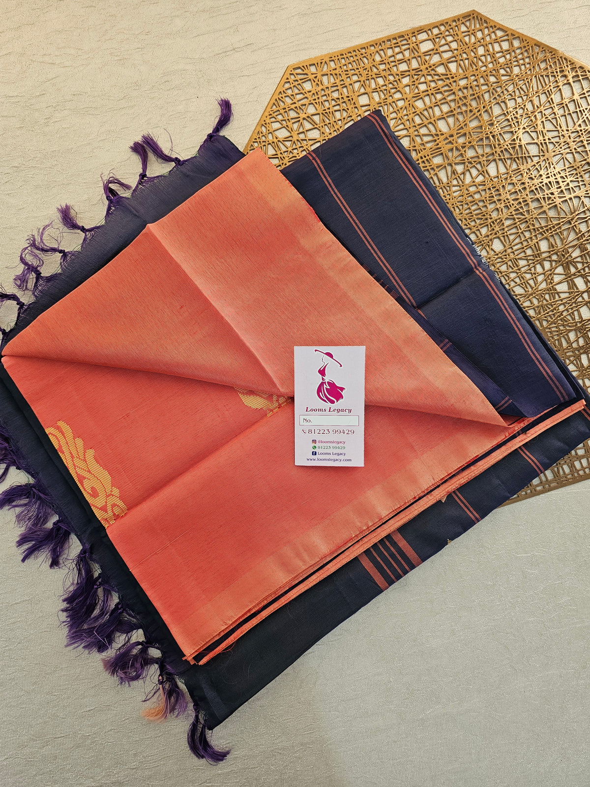 Peach with Dark Violet Handwoven Chinnalampattu Saree