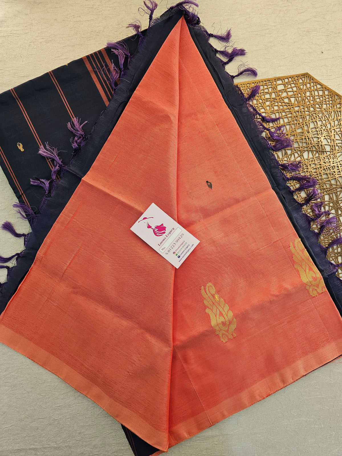 Peach with Dark Violet Handwoven Chinnalampattu Saree