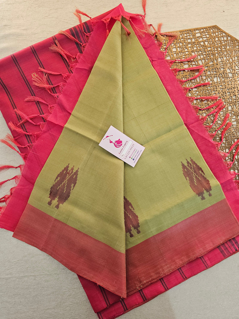 Pastel Green with Pink Pallu Handwoven Chinnalampattu Saree