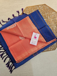 Peach with Peacock Blue Pallu Handwoven Chinnalampattu Saree