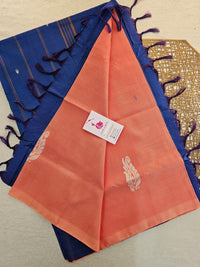 Peach with Peacock Blue Pallu Handwoven Chinnalampattu Saree