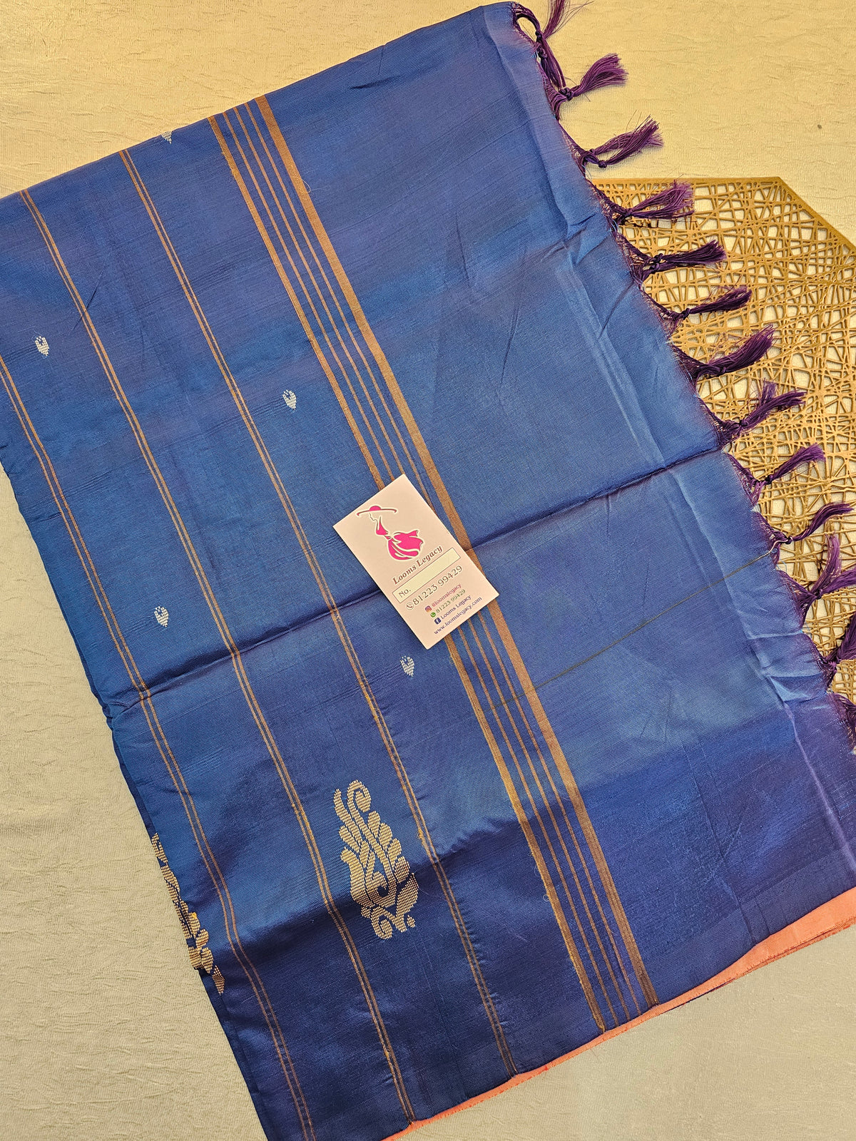 Peach with Peacock Blue Pallu Handwoven Chinnalampattu Saree