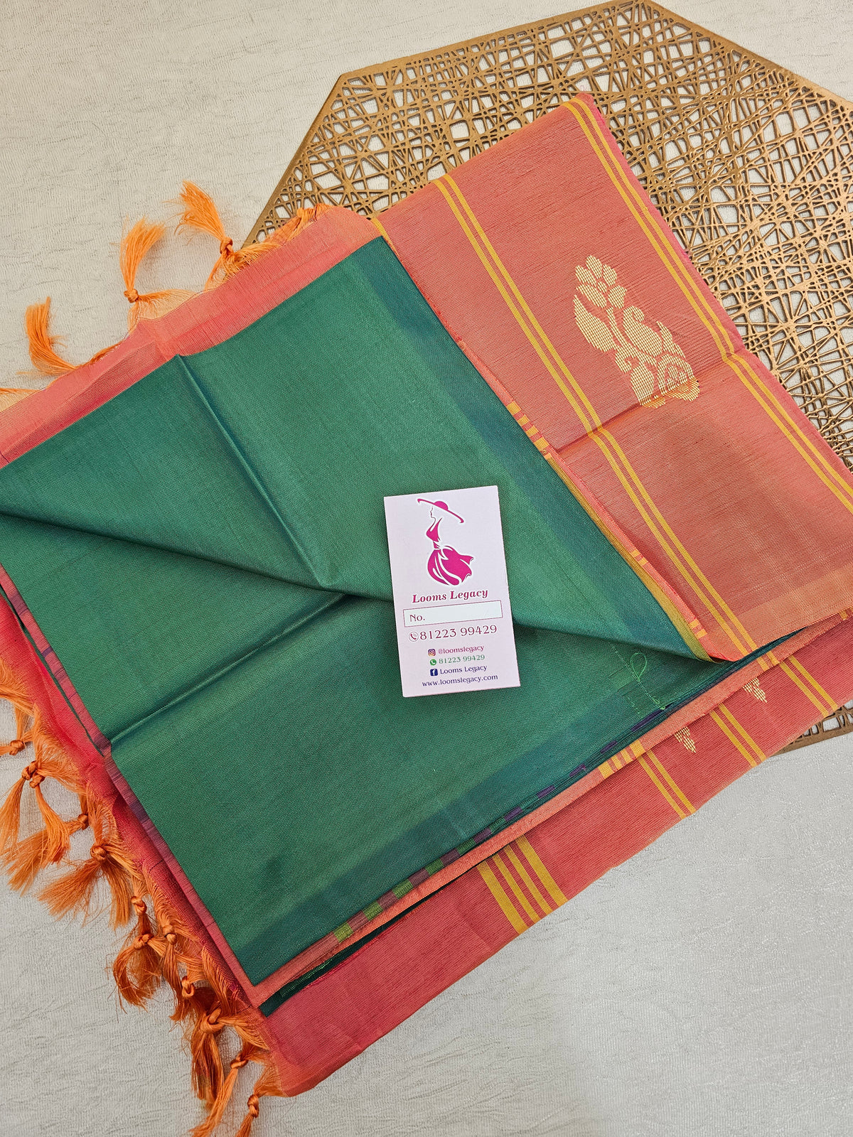 Green with Peach Pallu Handwoven Chinnalampattu Saree