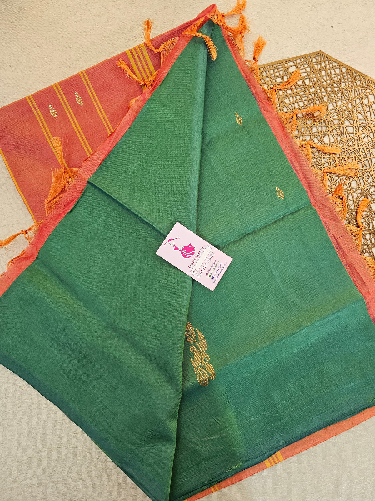 Green with Peach Pallu Handwoven Chinnalampattu Saree