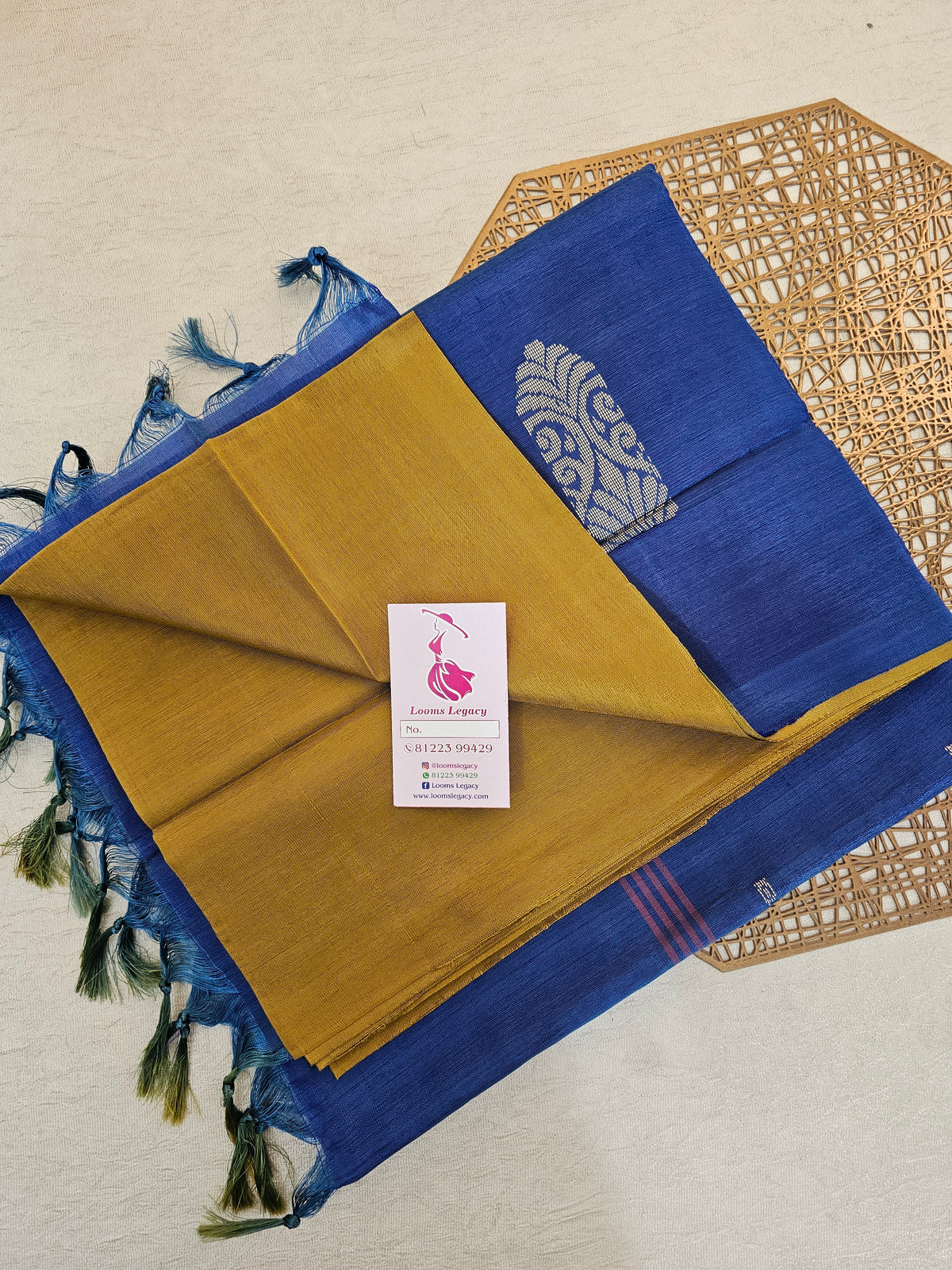 Mustard Yellow with Blue Pallu Handwoven Chinnalampattu Saree