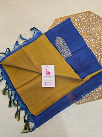 Mustard Yellow with Blue Pallu Handwoven Chinnalampattu Saree