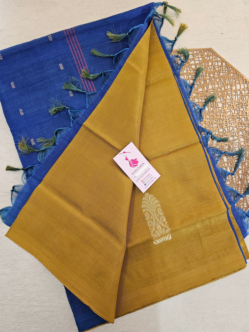 Mustard Yellow with Blue Pallu Handwoven Chinnalampattu Saree